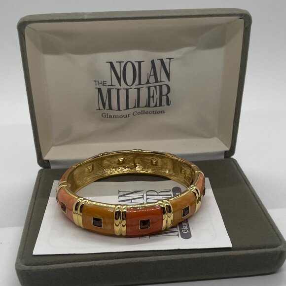 Nolan Miller Orange/ Peach Enamel Hinged Bangle Bracelet w brown inlaid crystals - Picture 2 of 8